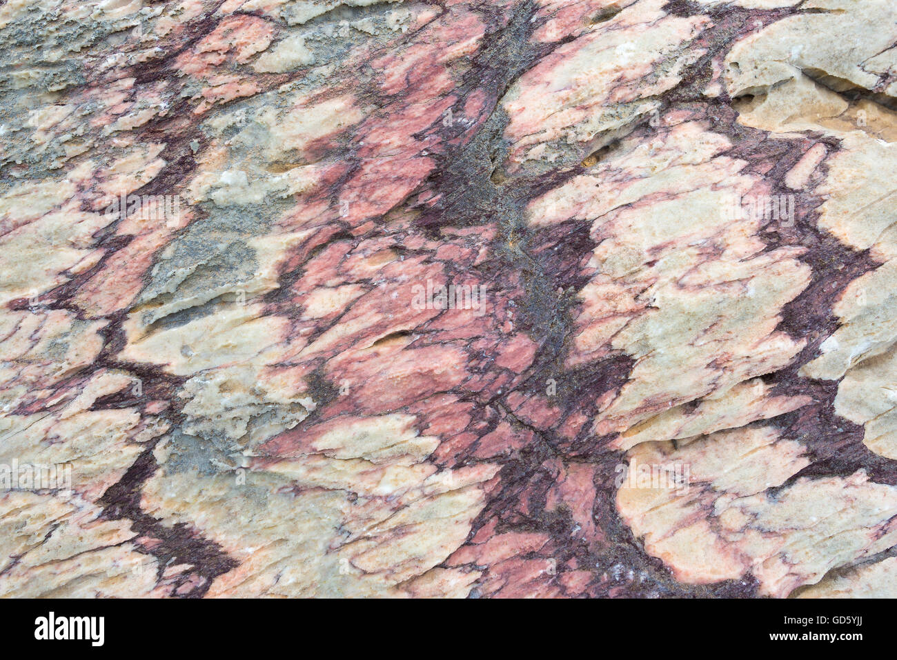 Close up of colorful rock surface, natural background, pattern and texture. Metamorphic white quartzite folded and fractured tog Stock Photo