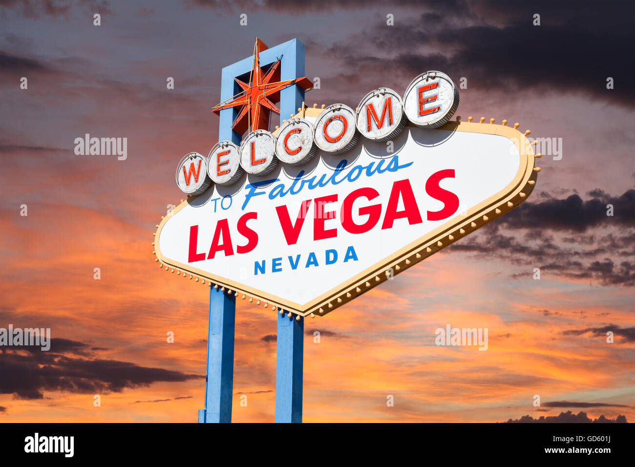 Las Vegas welcome sign with sunrise sky. Stock Photo