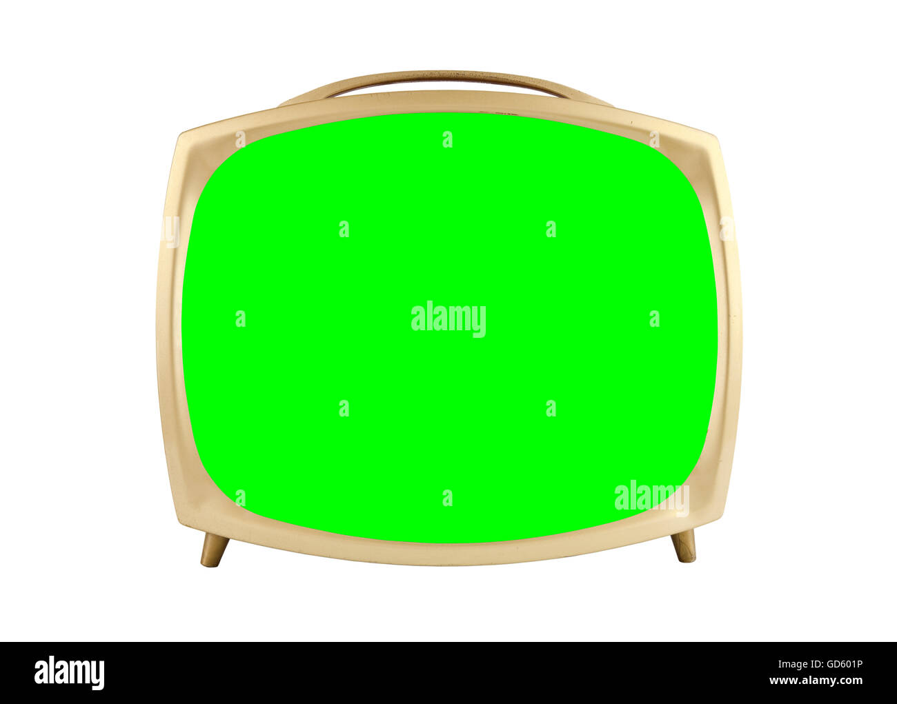 Antique television on white with chroma green screen. Stock Photo
