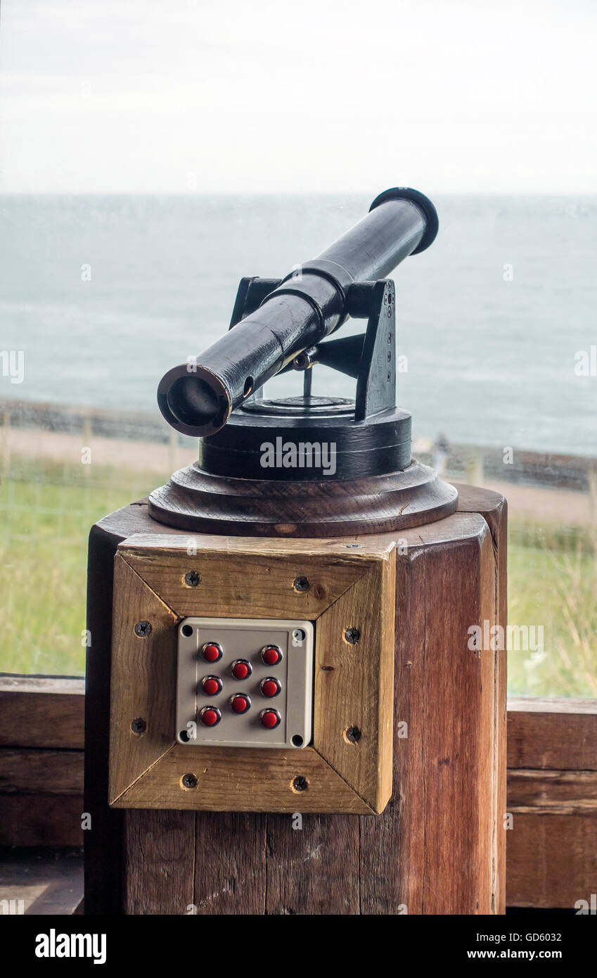 Telescope in Look Out Tower Samphire Hoe Art Project Dover Kent A Sustrans Marker Stock Photo