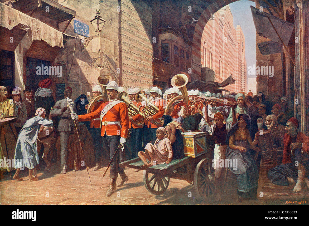 A friendly power in Egypt, after the  painting by W.C. Horsley. The 41st Welsh regiment  marching through the Metwali gate in Cairo, Egypt in the 19th century. Stock Photo