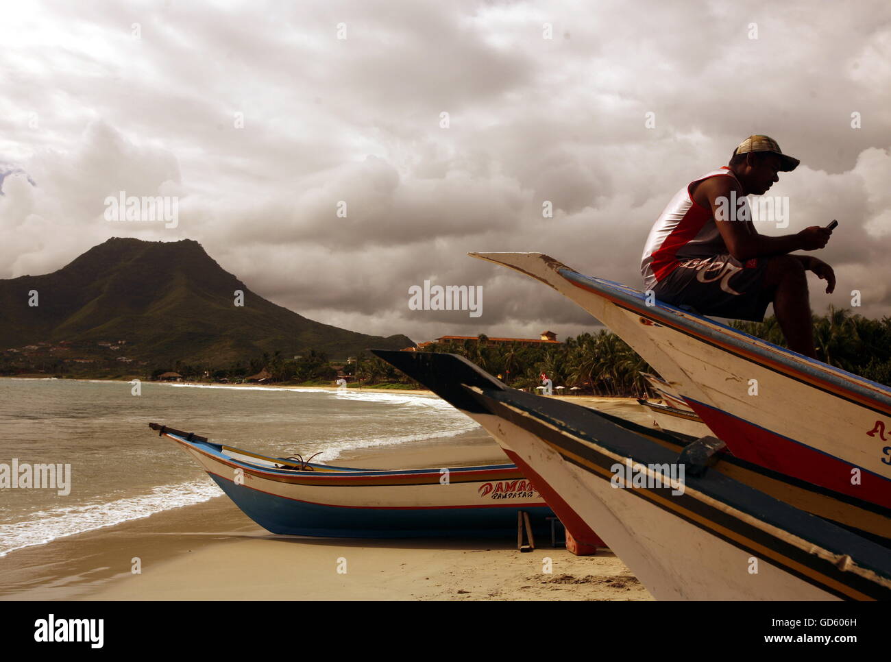 the Coast at the beach in the town of El Tirano on the Isla Margarita in the caribbean sea of Venezuela. Stock Photo
