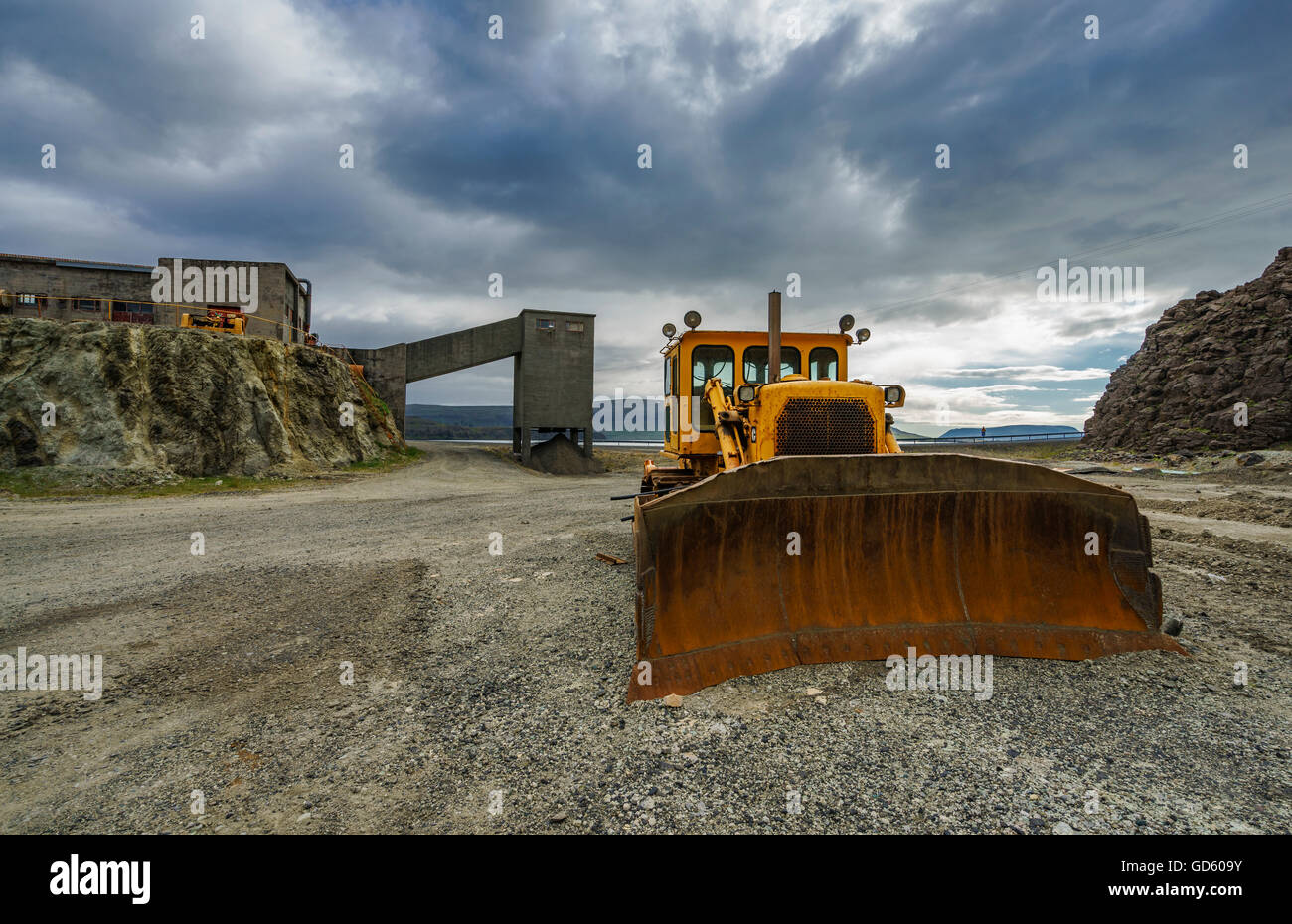 Bulldozer in a gravel quarry, Hvalfjordur, Iceland Stock Photo