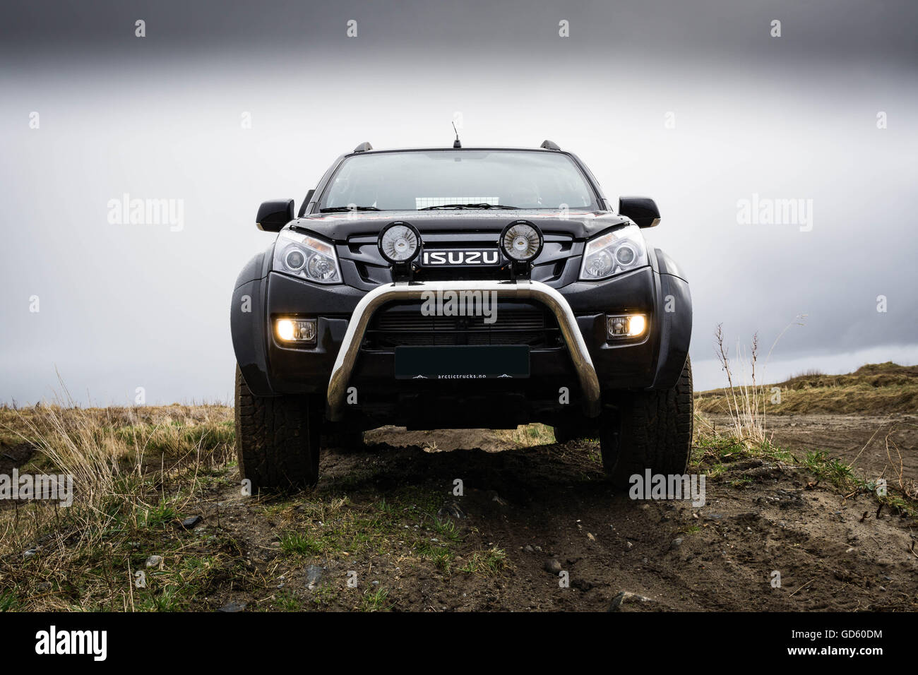 Front of custom build off road vehicle. Stock Photo