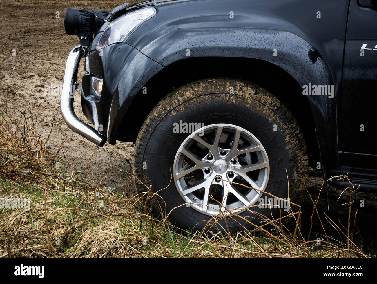 Front wheel on a off road car Stock Photo