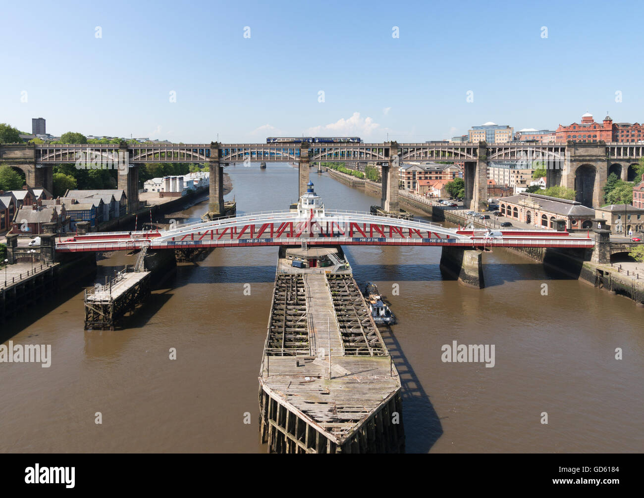 The High Level and Swing bridges between Gateshead and Newcastle upon Tyne, north east England, UK Stock Photo