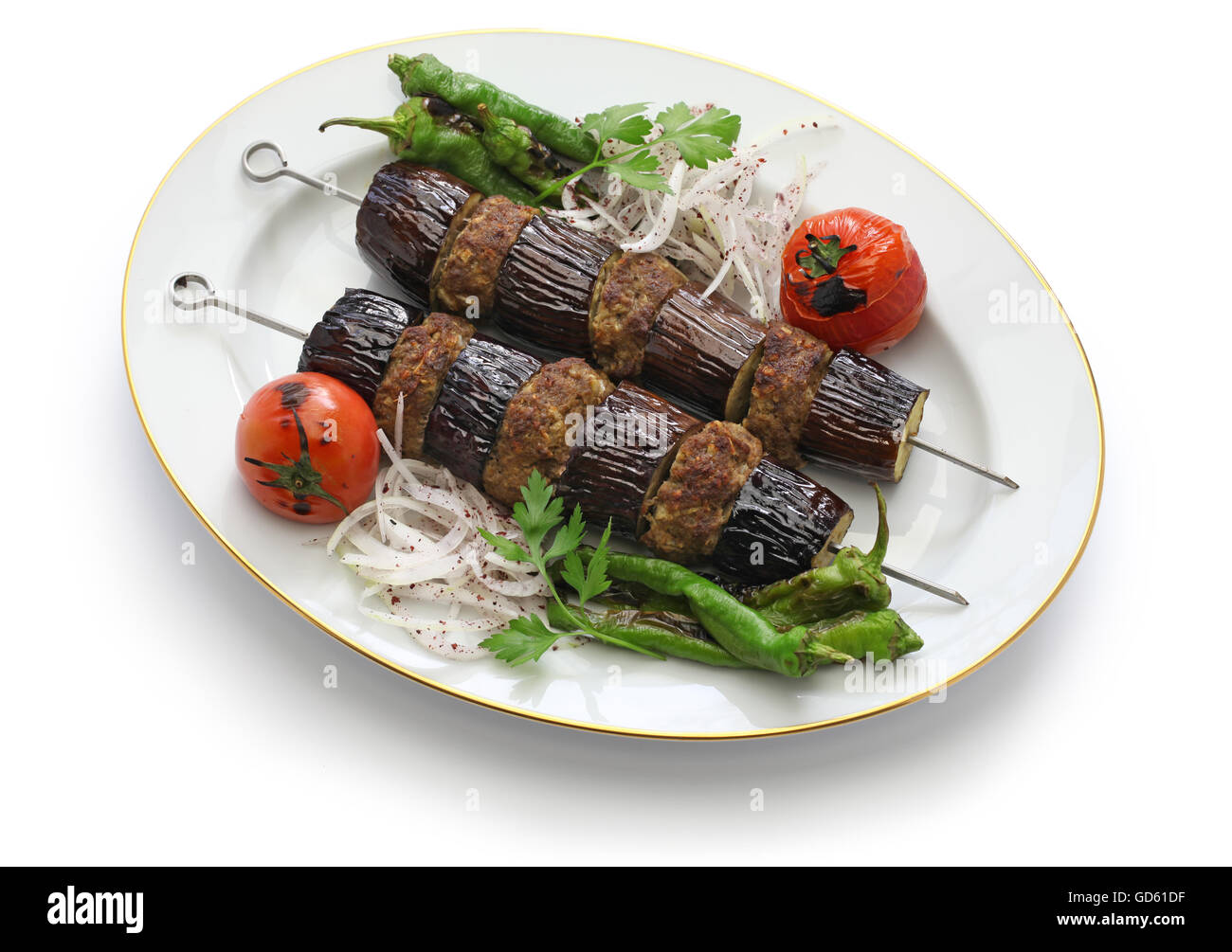 eggplant kebab, patlican kebab, Turkish cuisine isolated on white