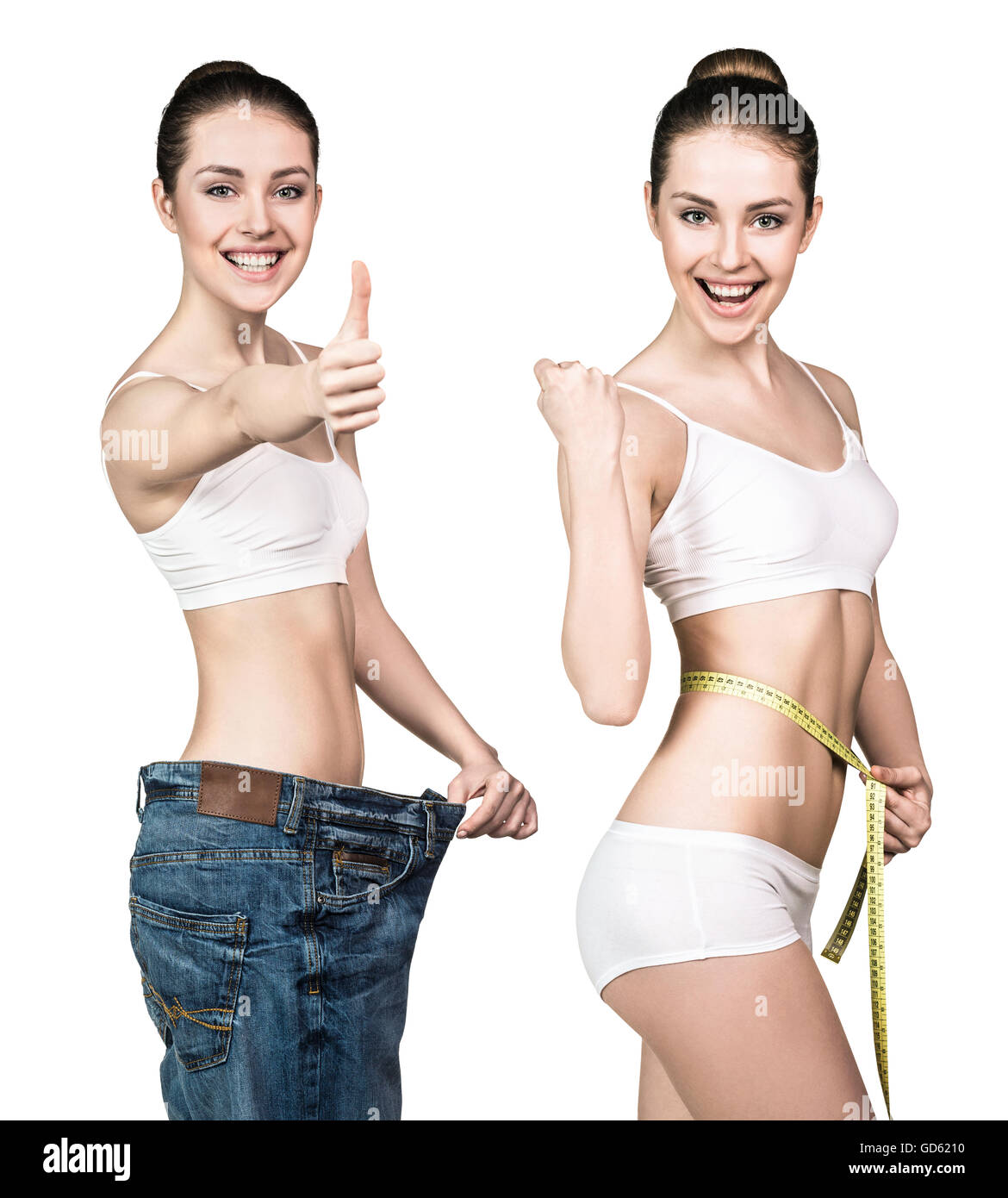 Woman in oversize jeans and with measuring tape. Stock Photo