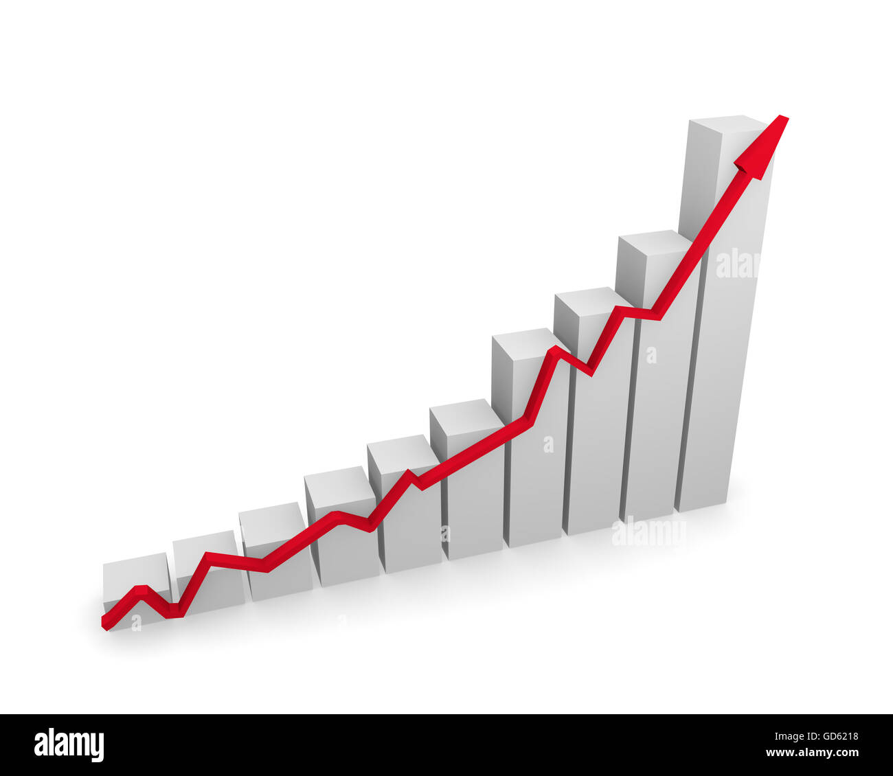 Business graph with red upswing arrow on a white background, 3d ...