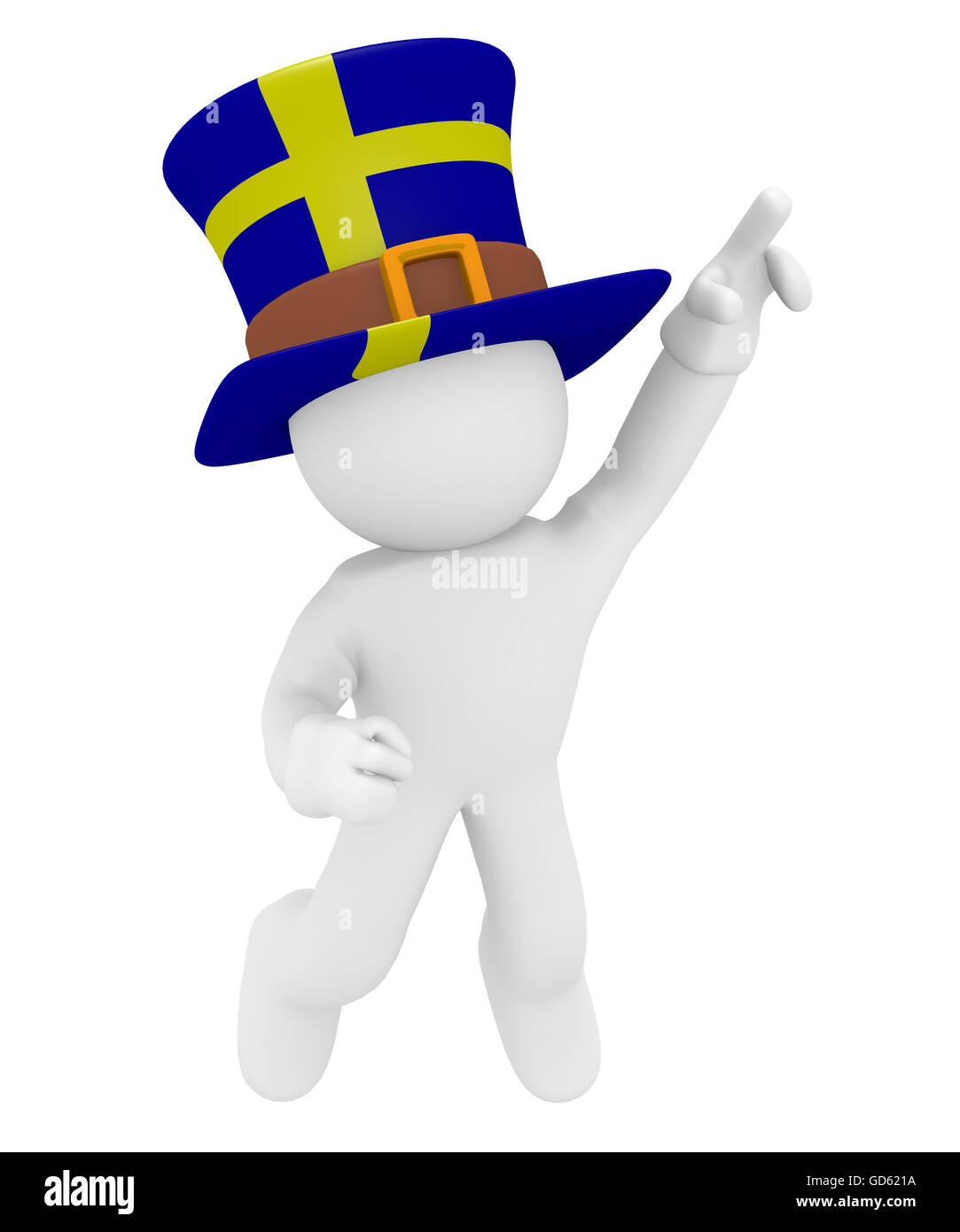 Swedish fan jumping high with the flag of Sweden on his hat 3d rendering Stock Photo