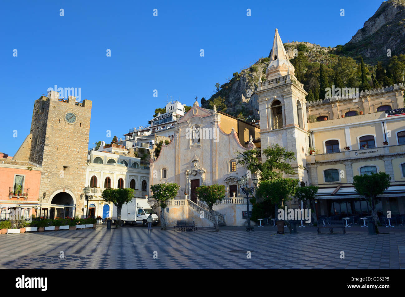 Torre dell'Orologia and  Church of San Giuseppe in Piazza IX Aprile - Taormina, Sicily, Italy Stock Photo