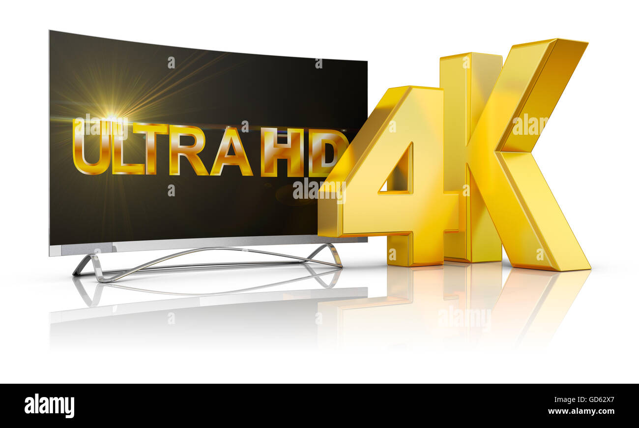 Ultra HD TV and the volume inscription 4k, 3d render. Stock Photo