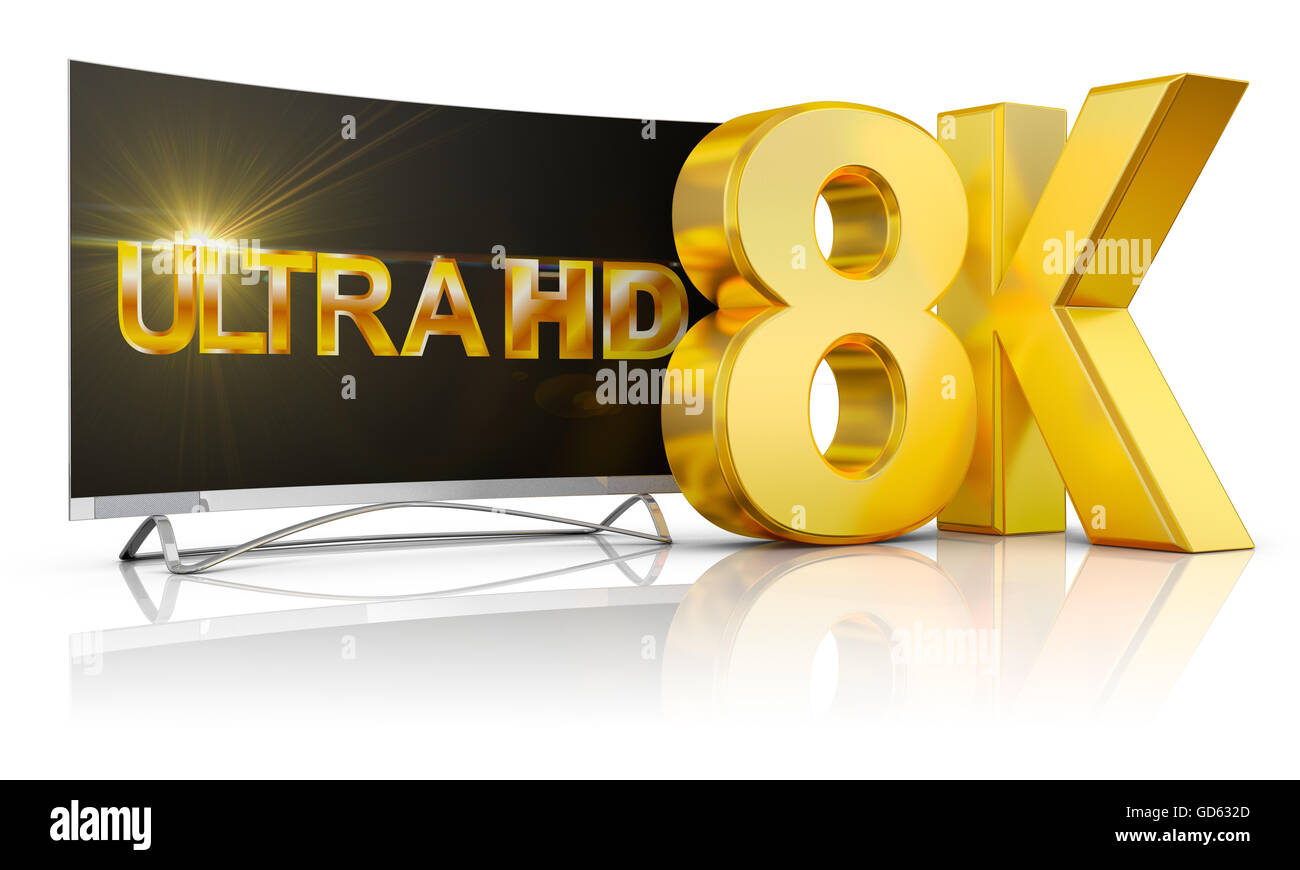Ultra HD TV and the volume inscription 8k, 3d render. Stock Photo