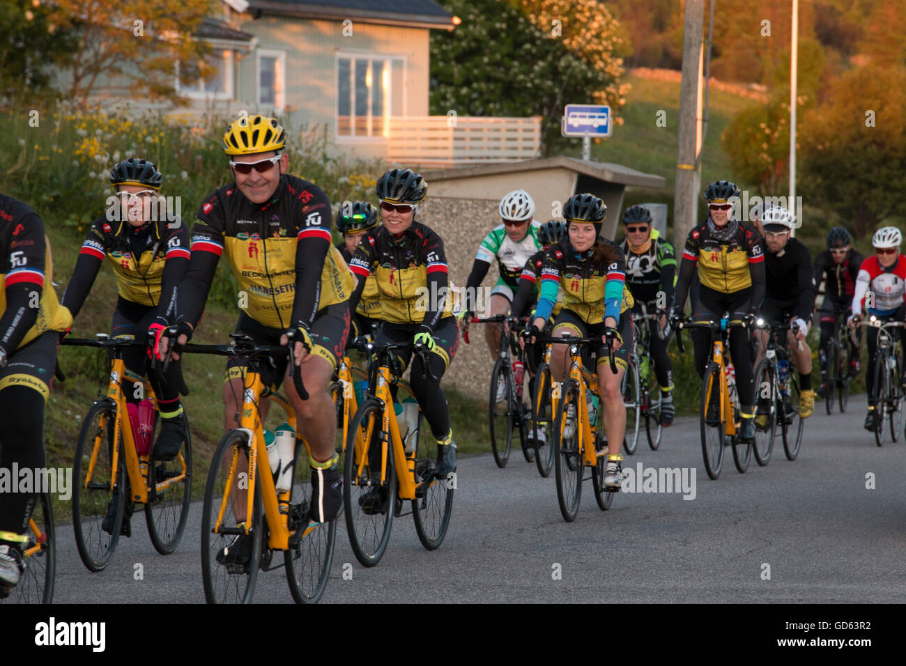 Bicyclers in the Lofoten Insomnia Race 2016 Stock Photo