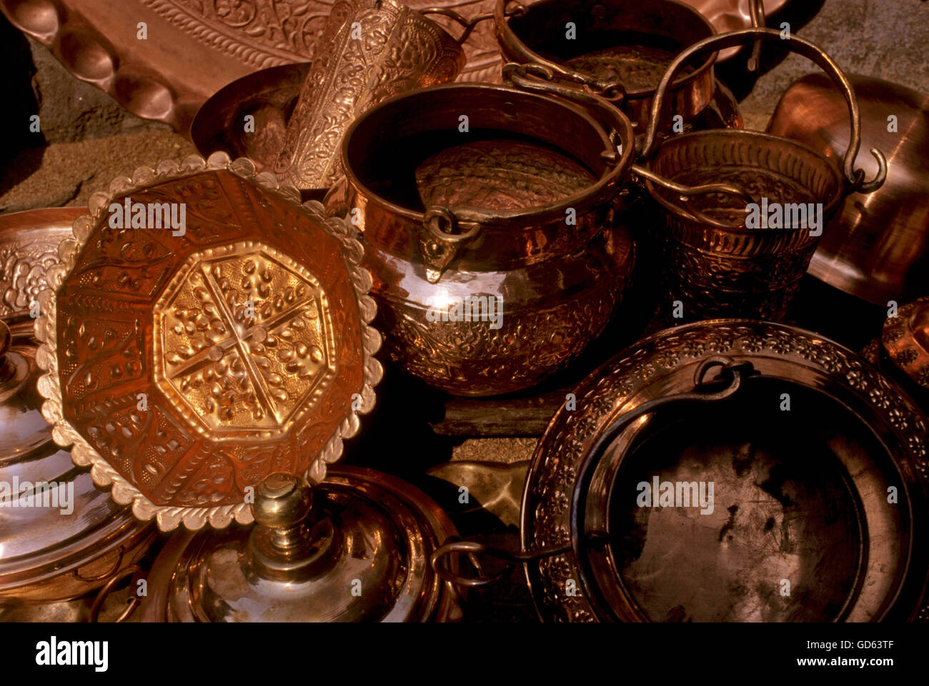 Ornate copper vessels Stock Photo Alamy