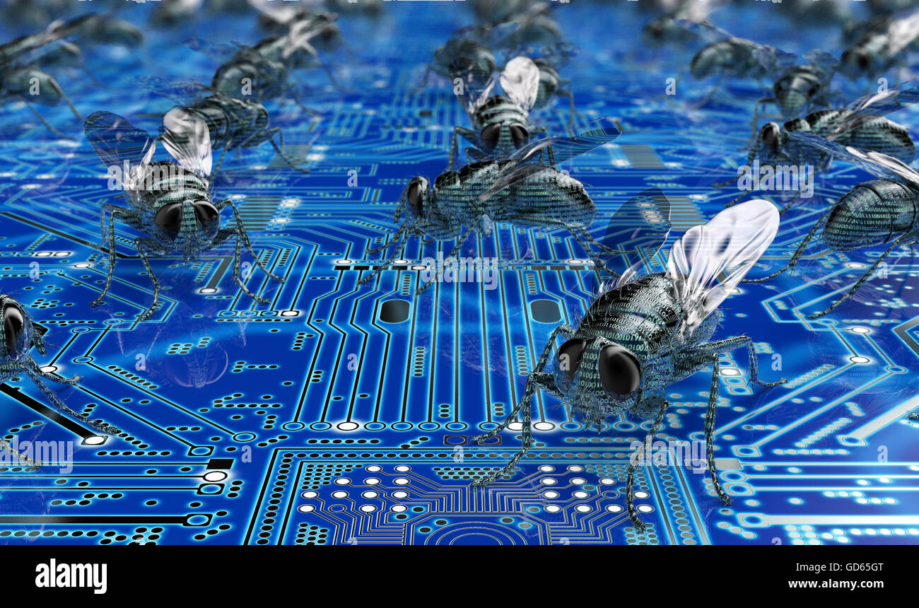digital safety concept computer bug in electronic environment,  3D illustration. Stock Photo