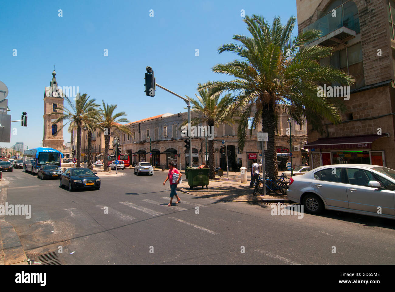 Israel, Jaffa, The Old clock tower in Jaffa, Clock Square, as seen from Yefet Street. Built in 1906 in honor of Sultan Abed al-H Stock Photo