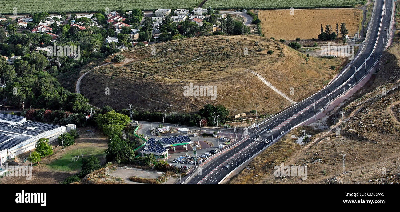 Aerial view of Kibbutz Yas'ur and highway 70, Israel Stock Photo
