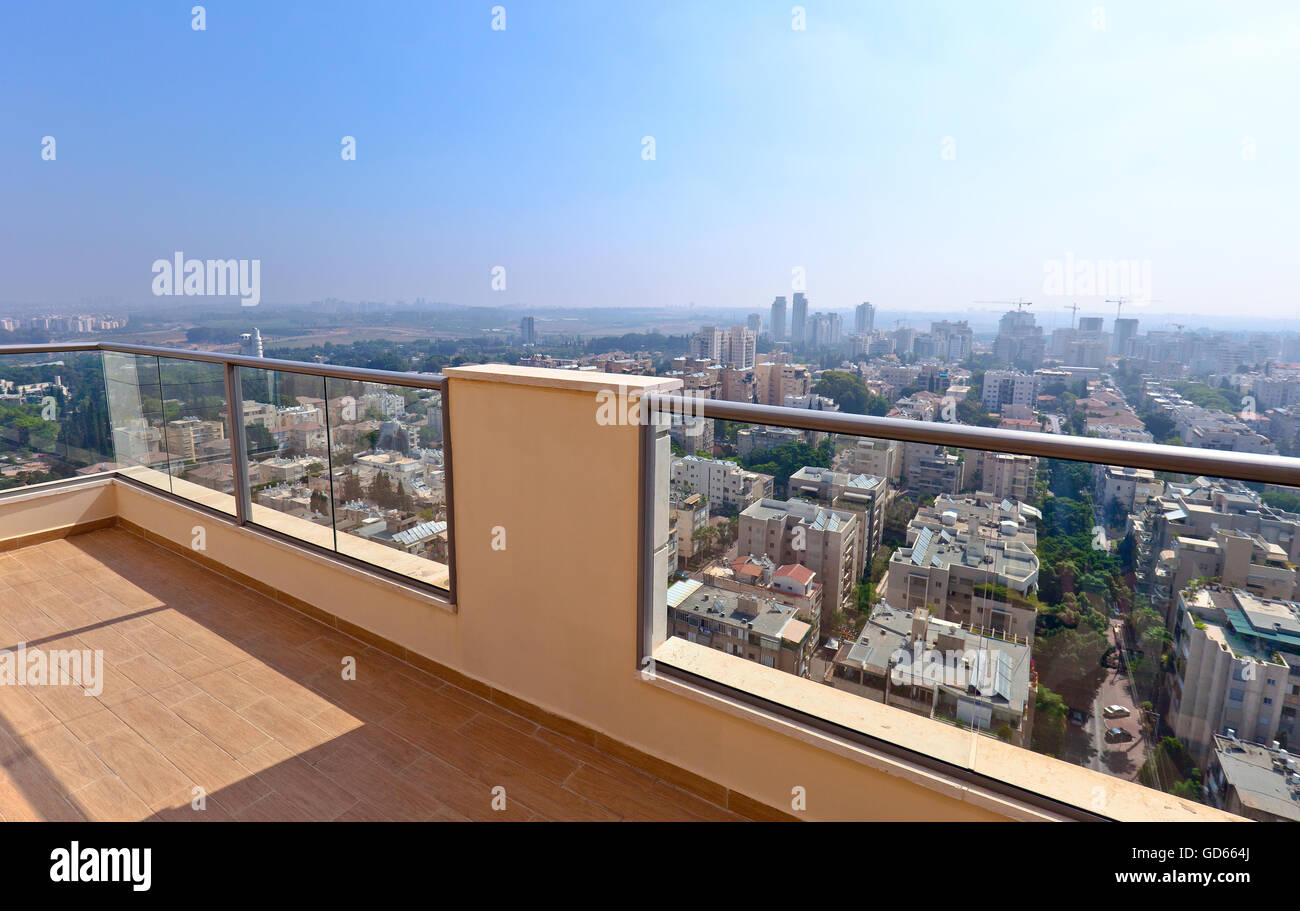 High end balcony in downtown of modern city Stock Photo