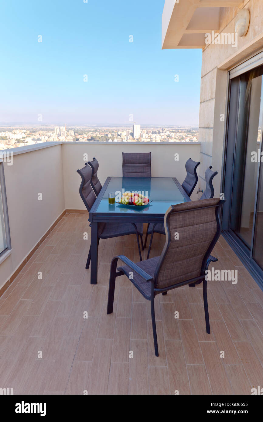 High end balcony in downtown of modern city Stock Photo