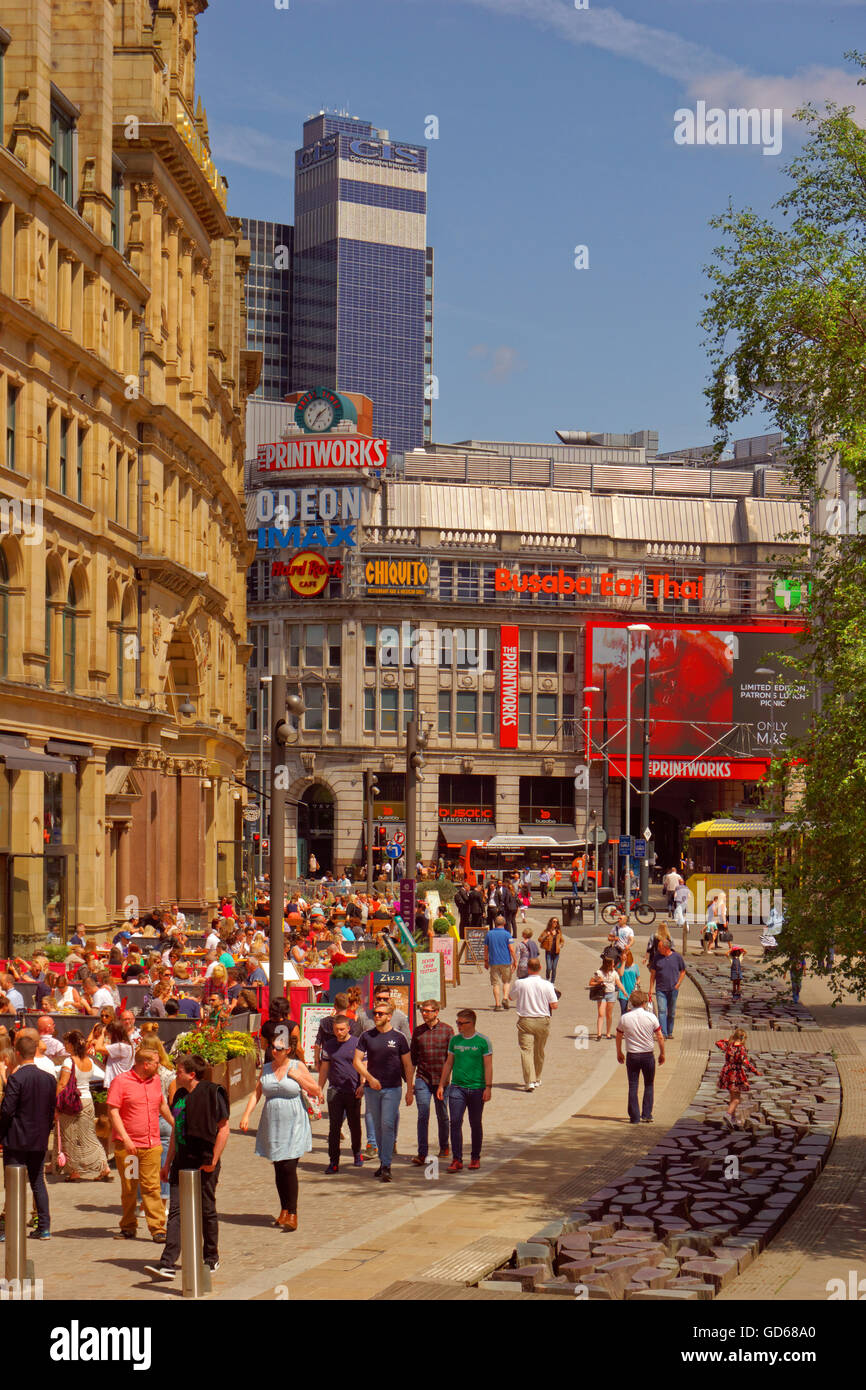 Exchange Square Manchester with Corn Exchange and the Printworks complex in the background. Greater Manchester, England Stock Photo