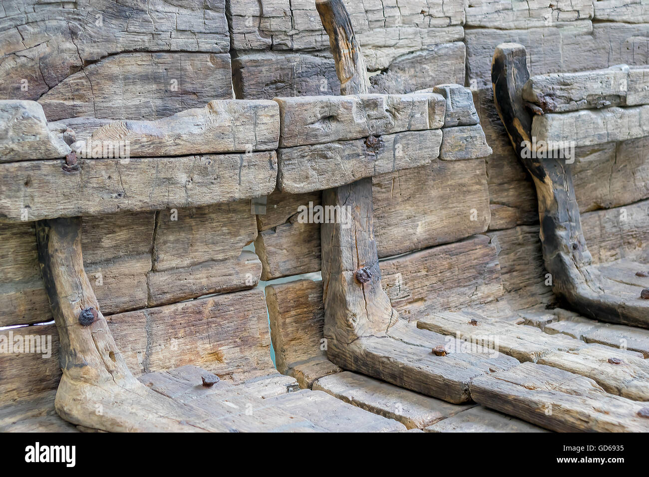 Remains of a sunken Roman ship with original iron nails Stock Photo