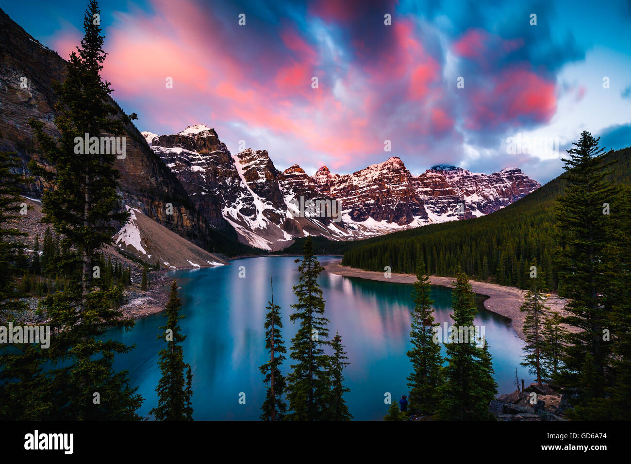 Dramatic Sunrise at Moraine Lake in Banff, Alberta, Canada Stock Photo