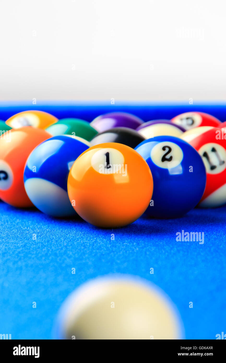 Different points of view billiard balls on a blue pool table. Stock Photo