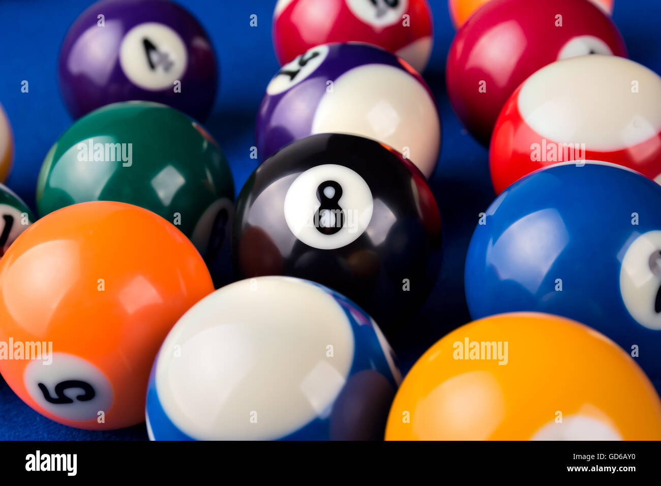 Different points of view billiard balls on a blue pool table. Stock Photo