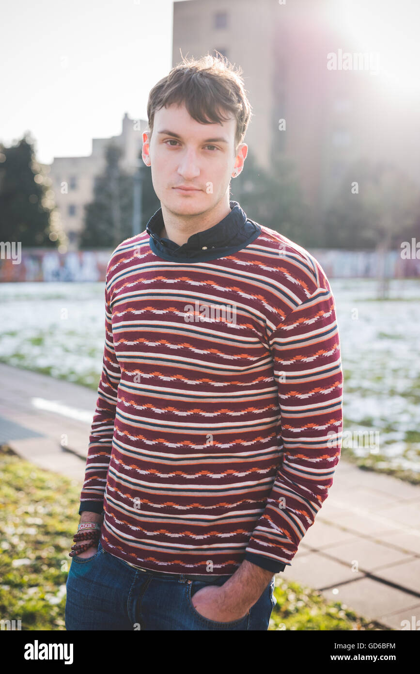 Knee Figure Of Young Handsome Caucasian Brown Hair Man Outdoor In