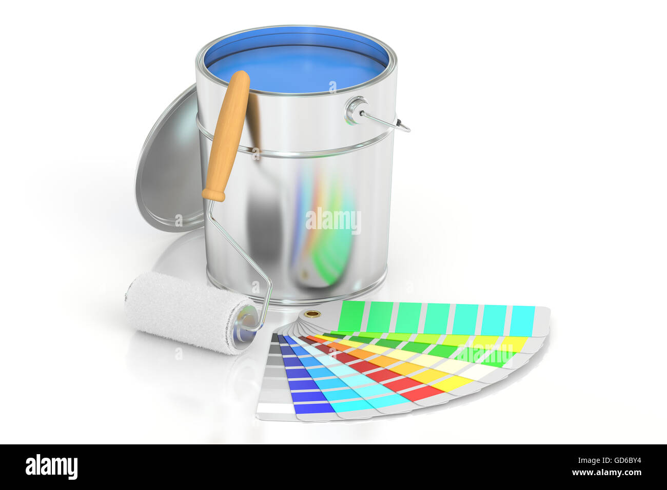 Paint can, palette and roller brush. 3D rendering isolated on white background Stock Photo