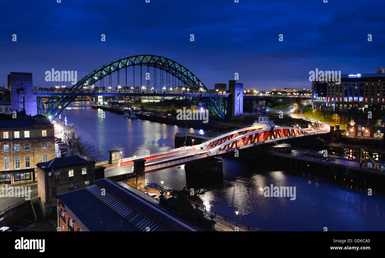 Newcastle upon Tyne in the north east of England the iconic Tyne Bridge and the Swing Bridge Stock Photo