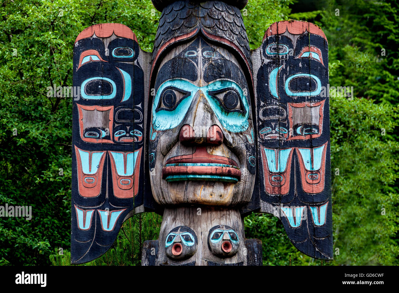 Carved totem pole in Ketchikan, Alaska Stock Photo