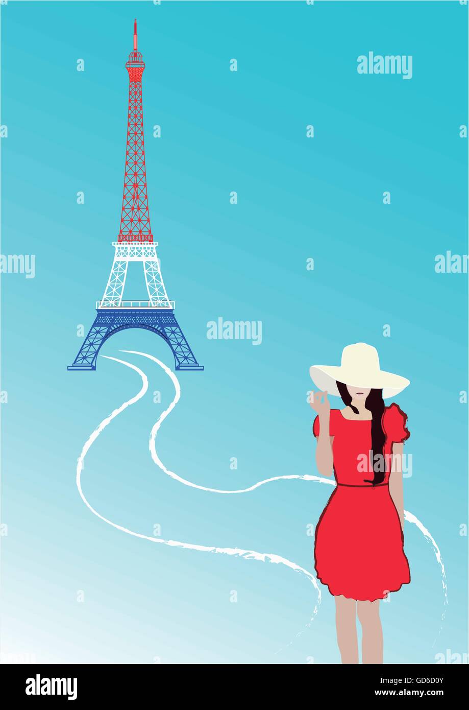 The Whitehead girl with suitcase on Eiffel tower background Stock Vector