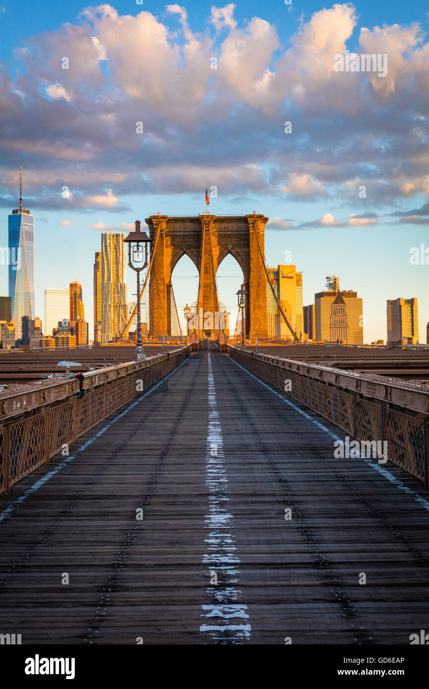 The Brooklyn Bridge in New York City is one of the oldest suspension bridges in the United States Stock Photo