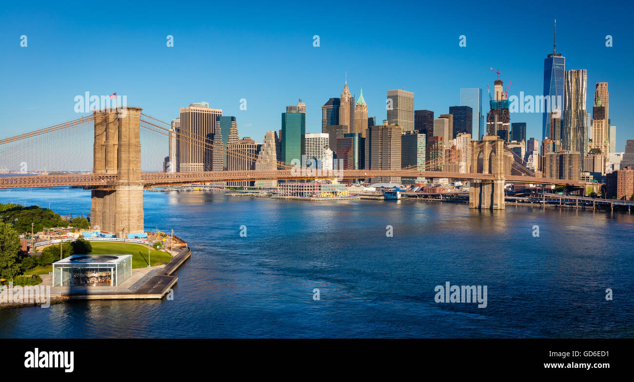The Brooklyn Bridge in New York City is one of the oldest suspension bridges in the United States. Stock Photo