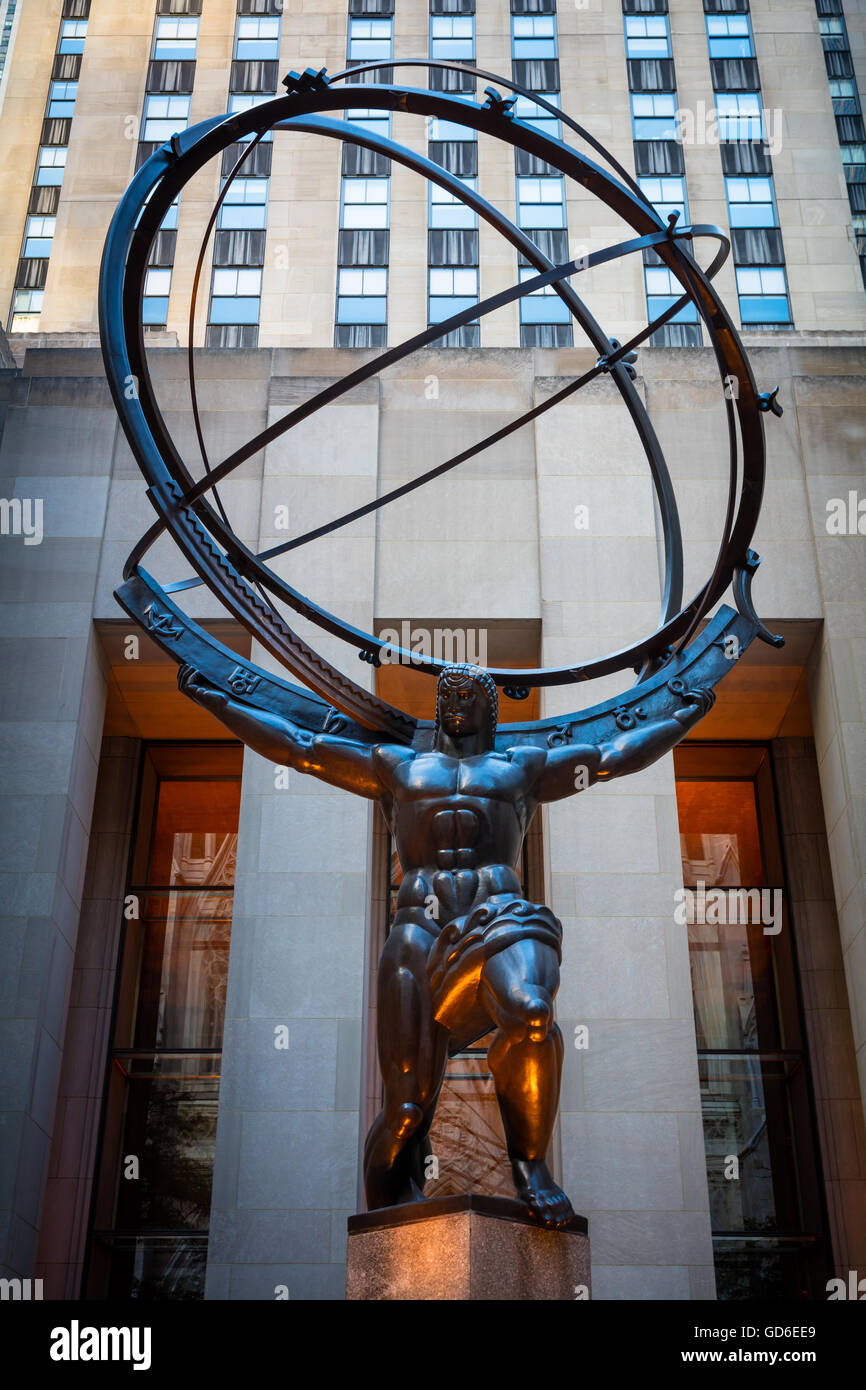 Atlas is a bronze statue in front of Rockefeller Center in midtown Manhattan, New York City. Stock Photo