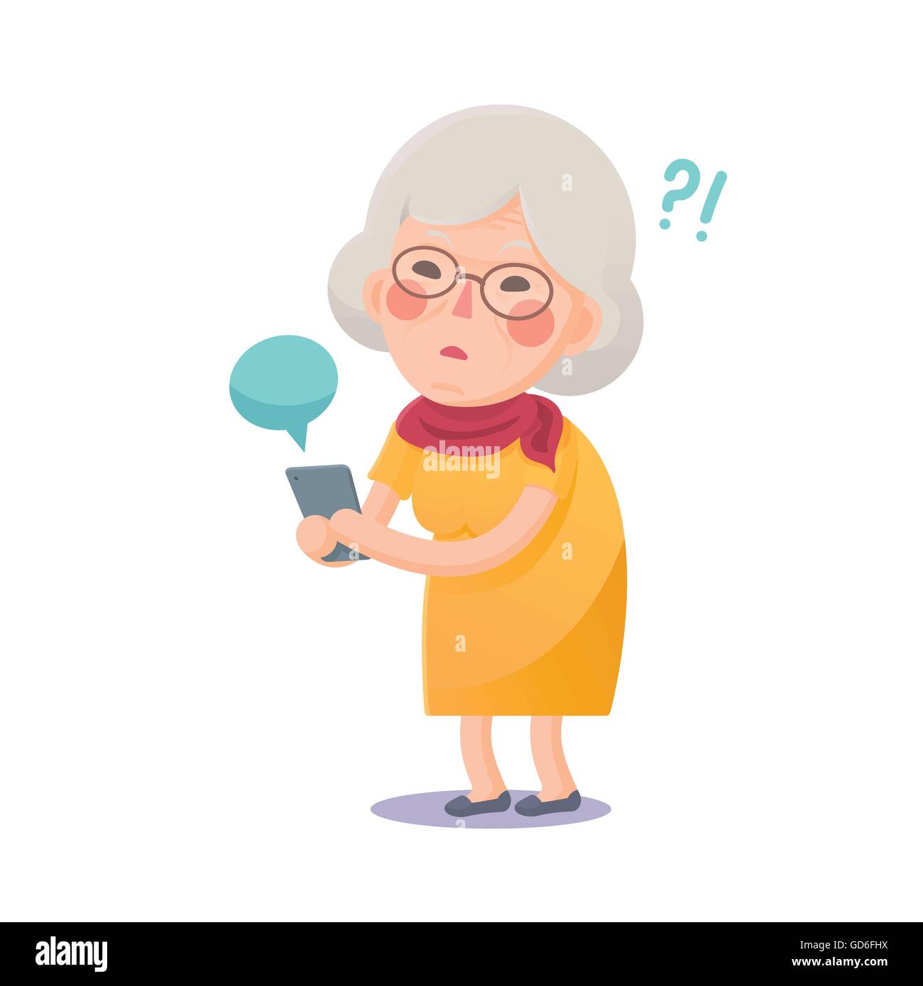 Vector Illustration of Confused Grandma Using Smart Phone Isolated  on White Background, Cute Cartoon Character Stock Vector