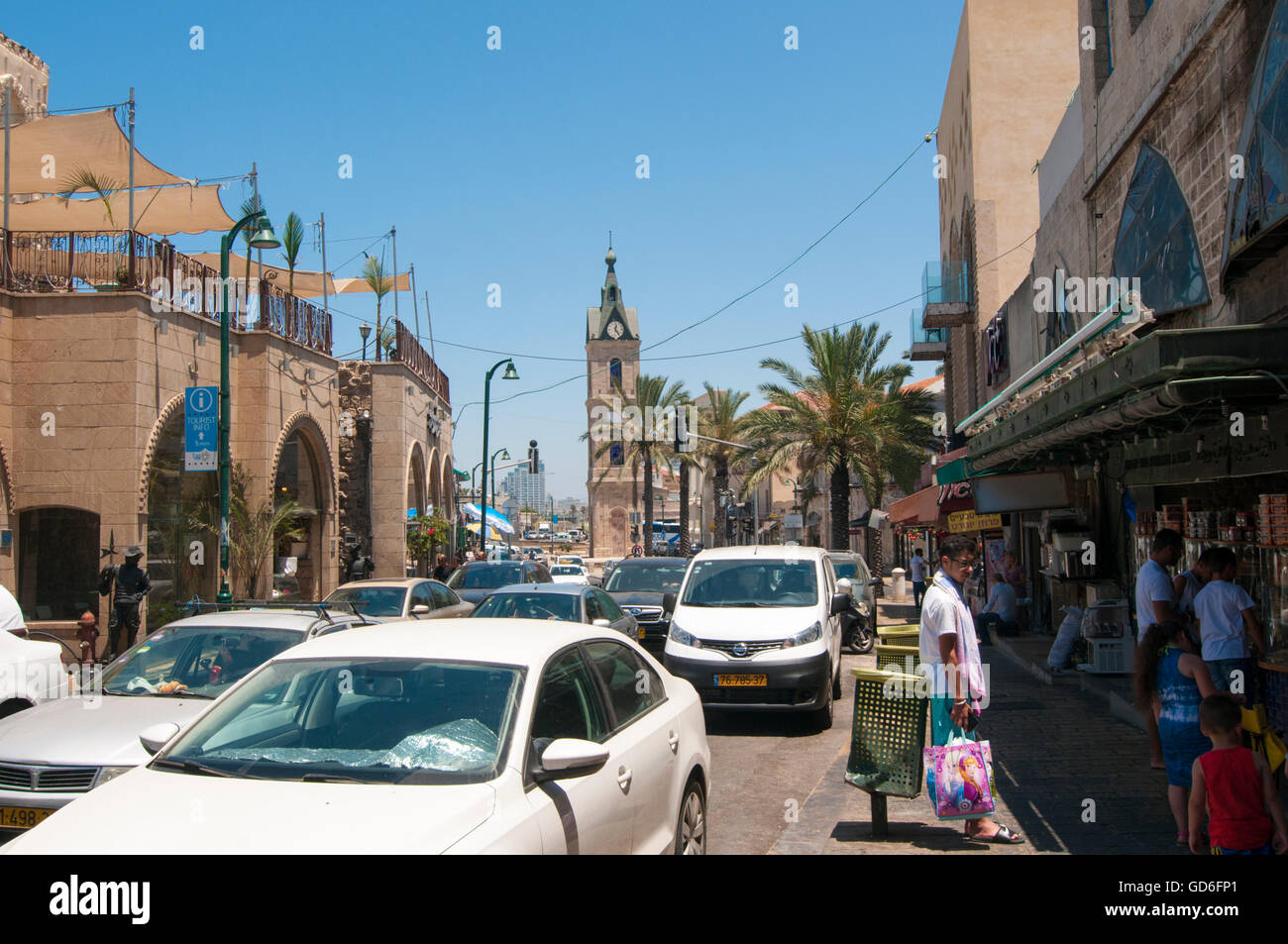Israel, Jaffa. Yefet Street. The clock tower in the background Stock Photo