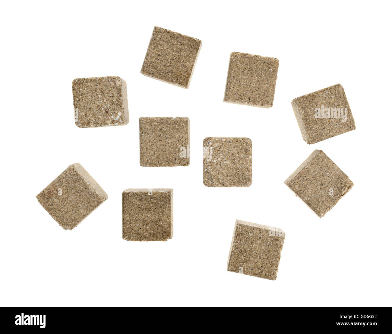 Top view of a group of beef flavored bouillon cubes isolated on a white