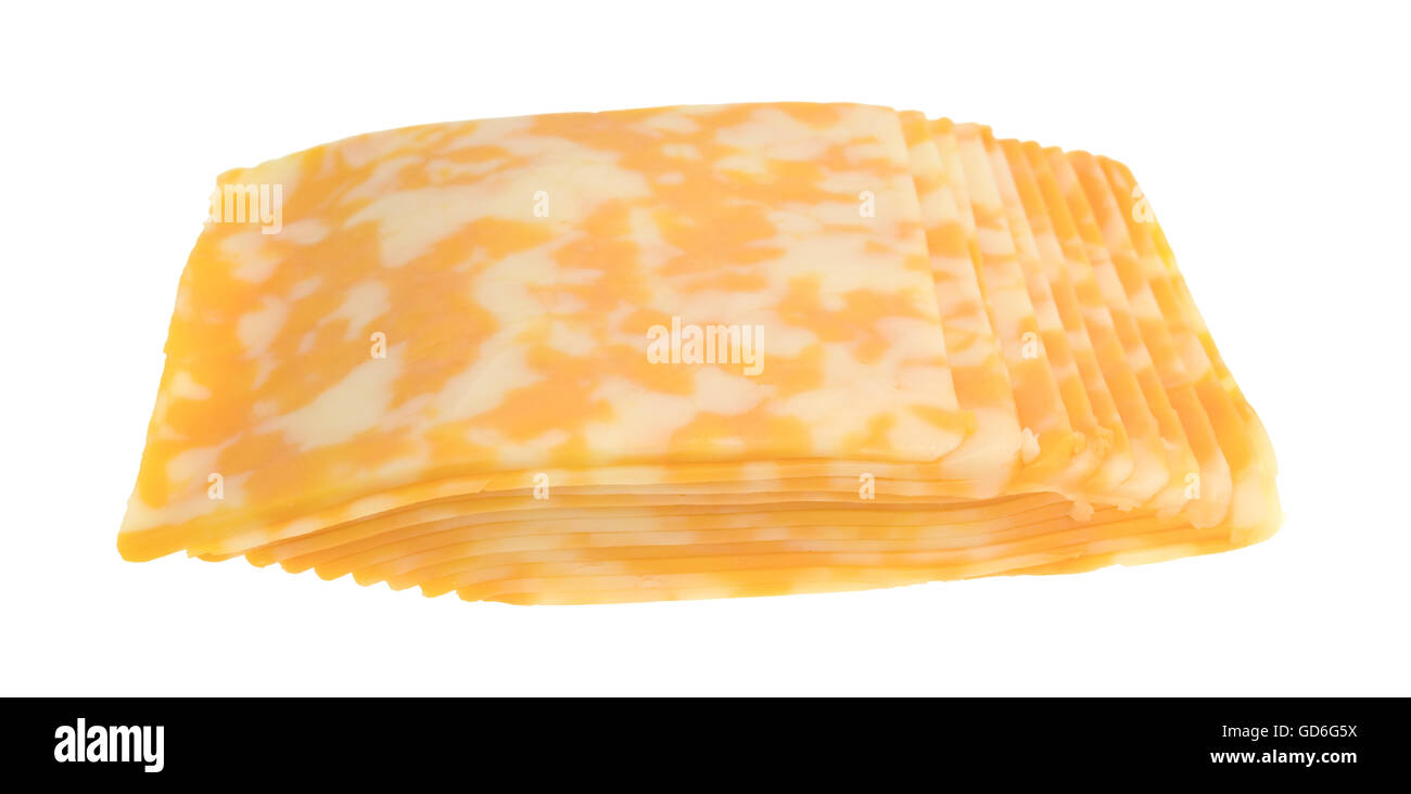 A stack of ColbyJack cheese slices isolated on a white background