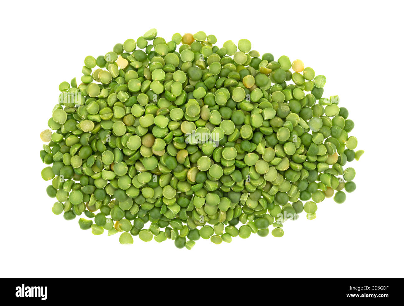 Top view of a portion of organic green split peas isolated on a white
