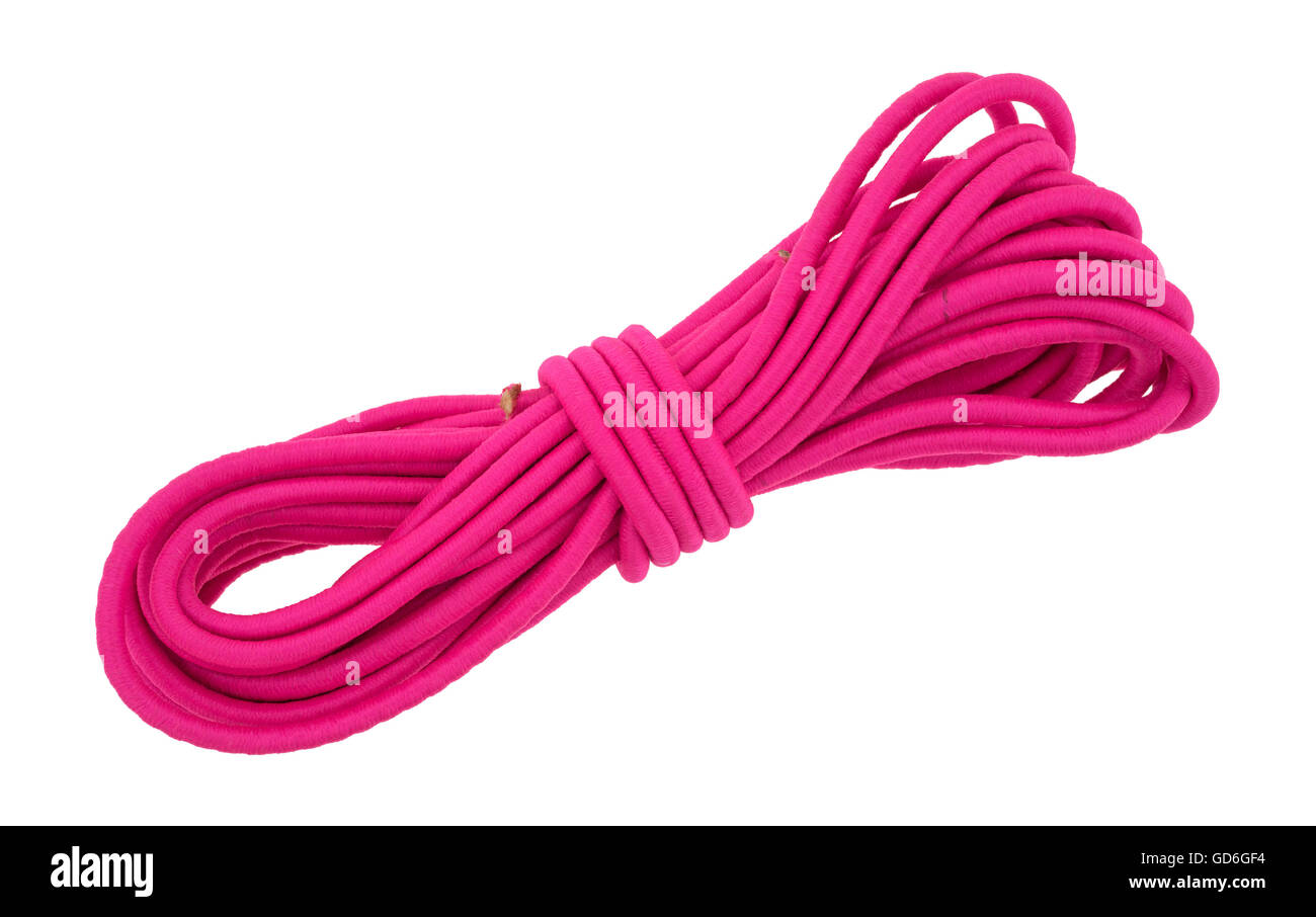 Top view of a pink bungee cord neatly wrapped isolated on a white