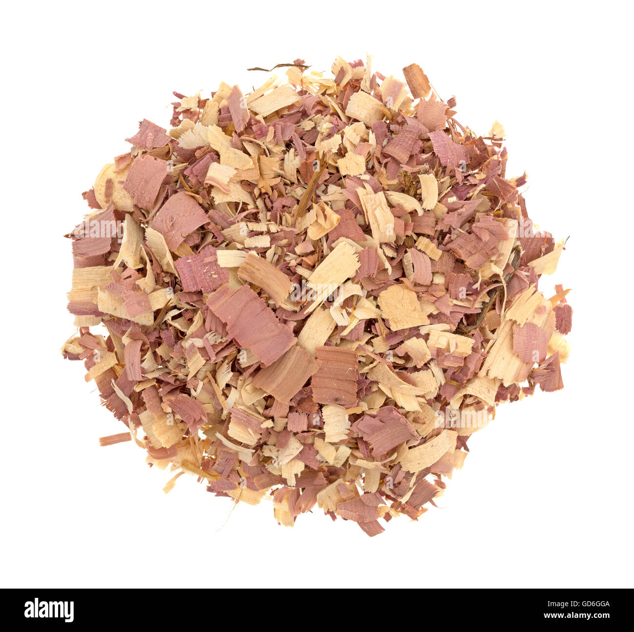 Top view of red cedar shavings used for pet bedding isolated on a white