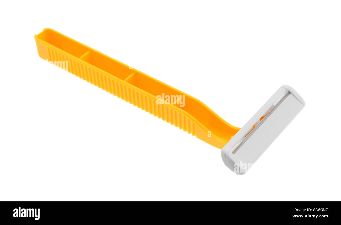Side view of a generic disposable shaving razor isolated on a white background. Stock Photo