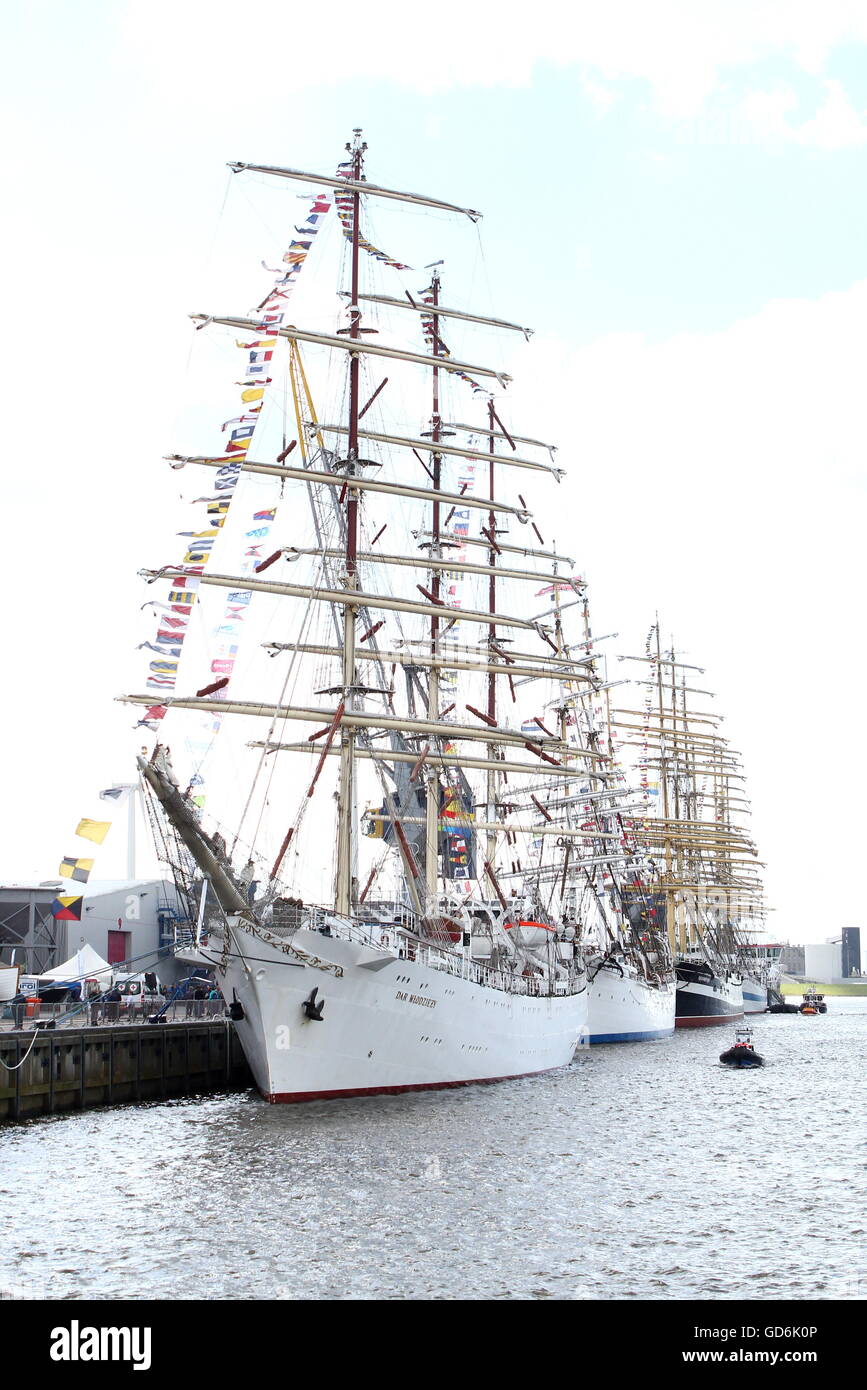 Tall ships Dar Młodzieży, Statsraad Lehmkuhl &  Kruzenshtern moored at Delfsail Sailing Event, July 2016, Netherlands Stock Photo