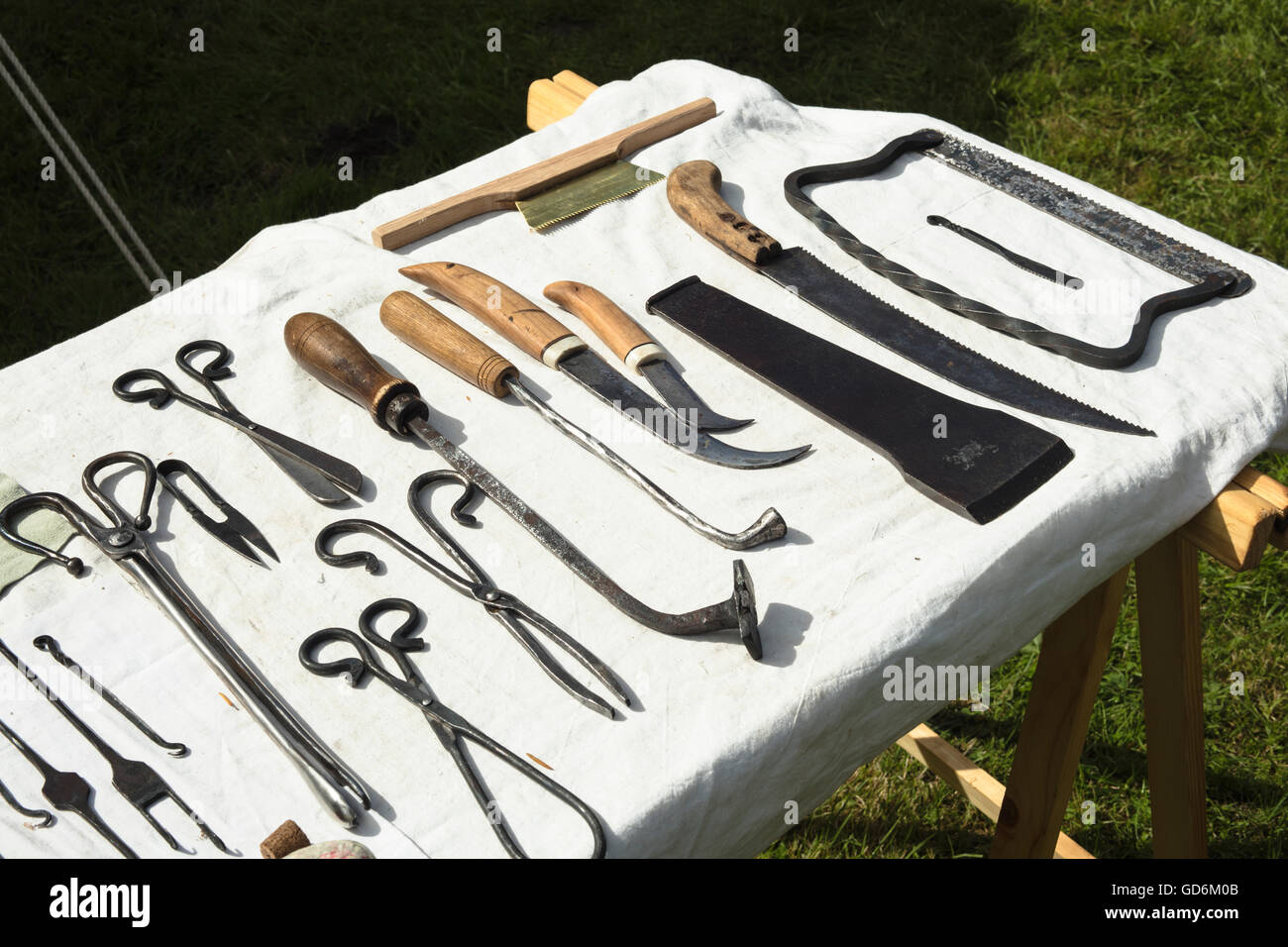 View of medieval medical instruments on a table Stock Photo