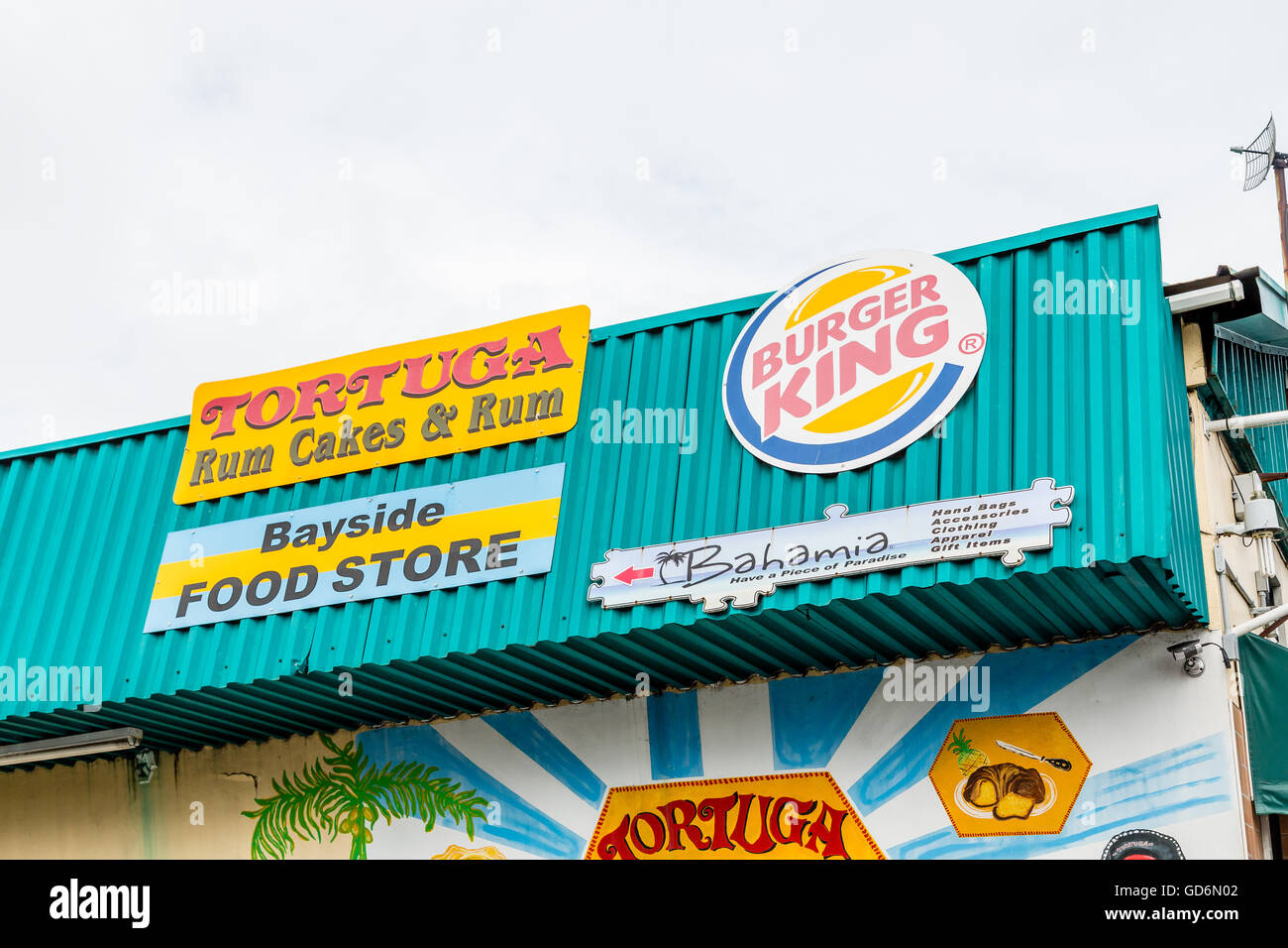 Tortuga Rum Cakes and Burger King shops in Nassau Stock Photo