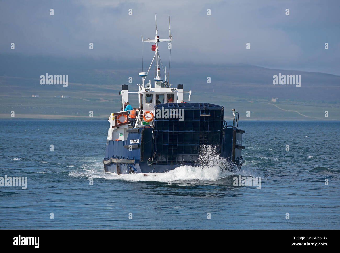 Rousay Ferry 'Eynhallow' sailing across from Brinain to Tingwall on the North shore of the Orkney Isles Mainland.  SCO 10,579. Stock Photo
