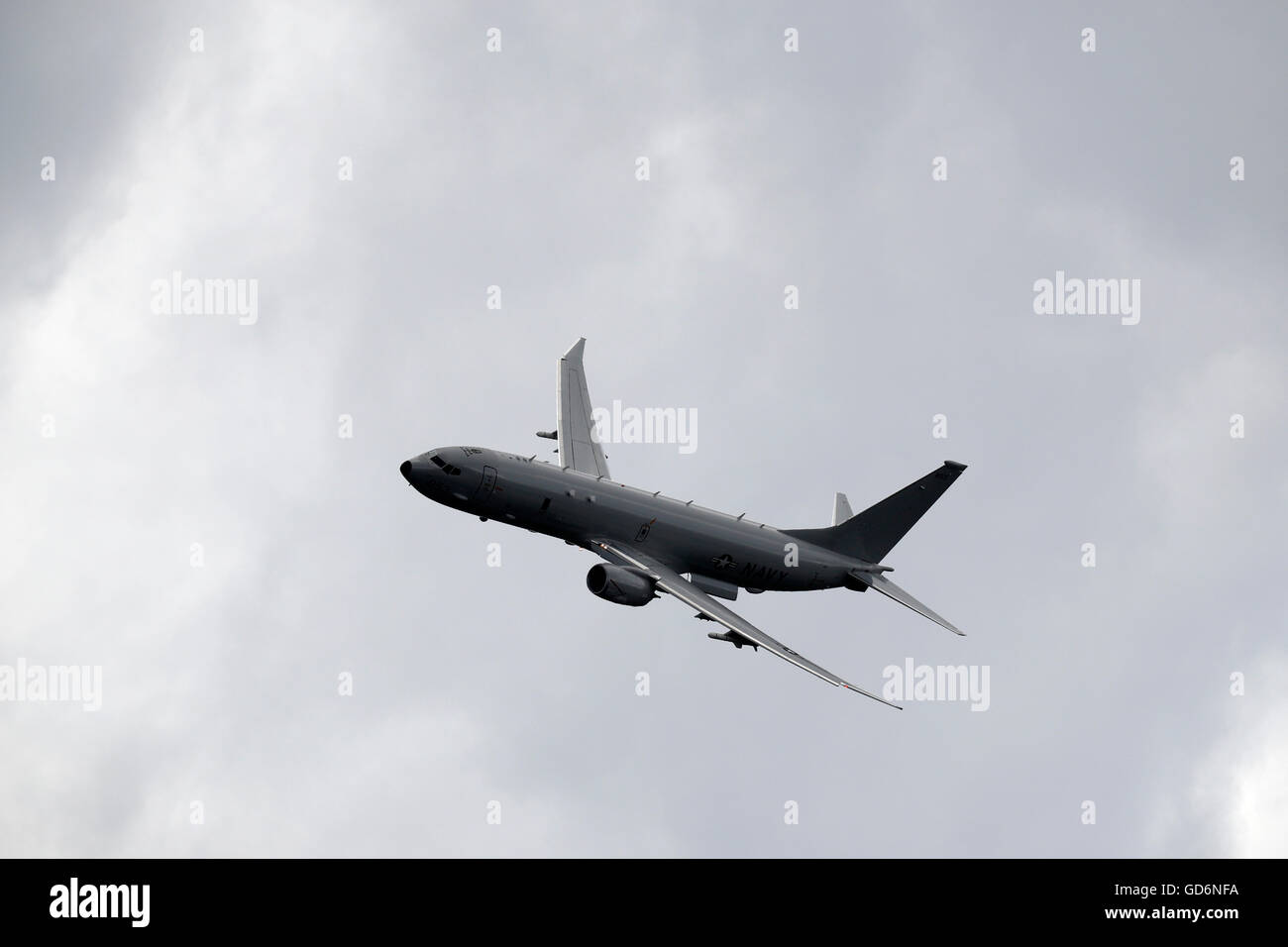 Boeing P-8A Poseidon Maritime Patrol Aircraft flies during The Farnborough Airshow 2016 Stock Photo